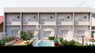Fachada de uma casa moderna com piscina e jardim em Lajeado.