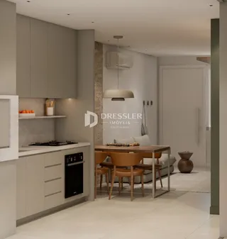 Interior de uma sala de estar com armários modernos e mesa de jantar.