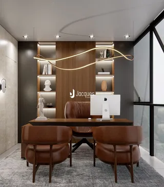 Ambiente interno moderno com painel de madeira e móveis de couro.