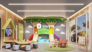 Esta é uma sala de estar com decoração temática de floresta e área de lazer infantil.