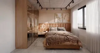 Um quarto moderno com cabeceira de madeira e grandes janelas.