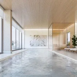 Ambiente interno moderno com pé direito alto e piso reflexivo.