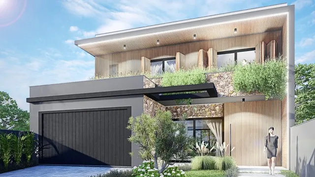 Fachada moderna de uma residência com revestimento de madeira e pedra em Lajeado, Brasil.