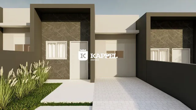 Fachada externa de uma residência moderna com jardim e piso de concreto.