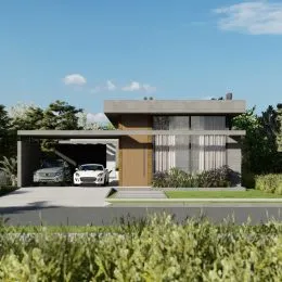 Fachada moderna de uma residência em Lajeado, Brasil, com paisagismo frontal.