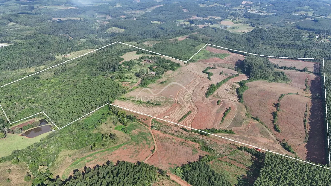 Vista aérea de uma propriedade rural com áreas de mata e campos abertos.