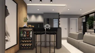 Imagem de um ambiente moderno com cozinha e sala de jantar.