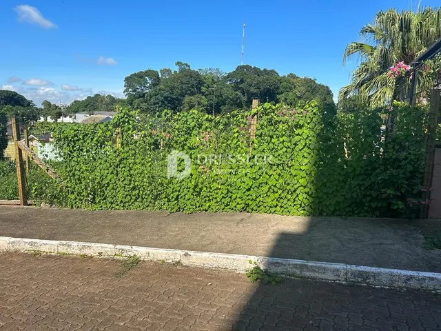 Vista da fachada de uma propriedade com cerca viva verde.