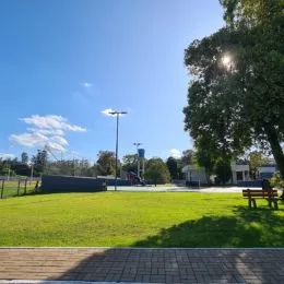 Vista externa de um gramado verde com árvores sob um céu azul.