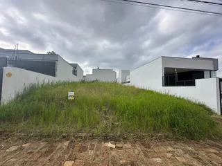 Vista de uma área gramada com vegetação alta no exterior da propriedade.