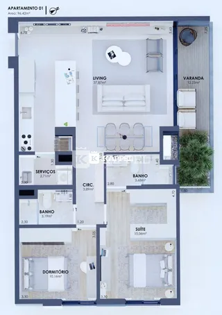 Planta baixa de um apartamento mostrando a disposição dos cômodos em Lajeado, Brasil.