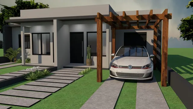 Fachada de uma casa com pergolado de madeira e paisagismo em Lajeado.