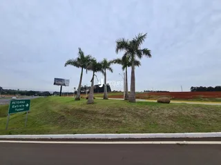 Vista externa de uma propriedade com palmeiras e gramado sob um céu nublado.