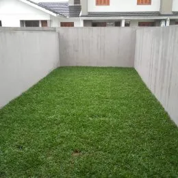 Gramado verde com muros laterais no quintal da propriedade.