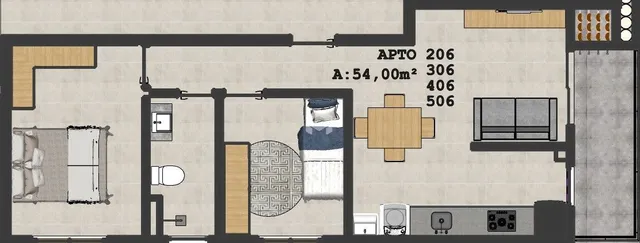 Planta baixa do apartamento 206 em Lajeado, mostrando a disposição dos cômodos.
