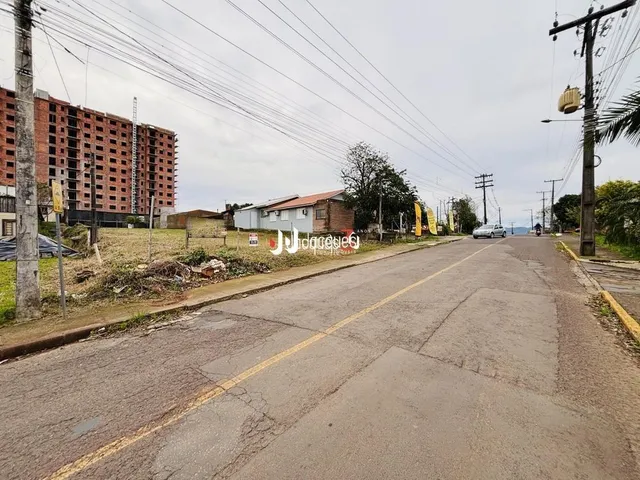 Vista da rua com postes e vegetação em Lajeado, Brasil.