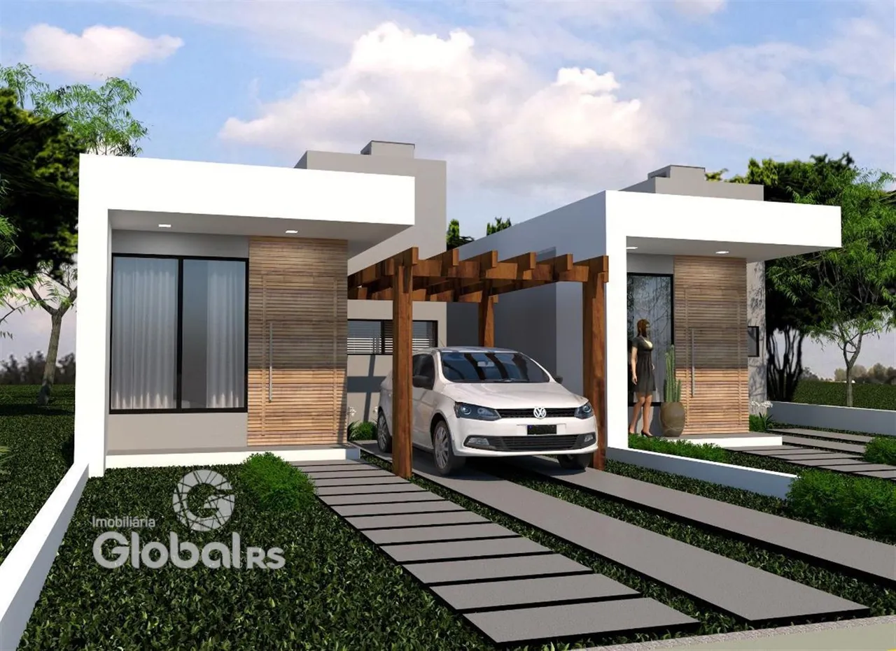 Fachada moderna de uma residência em Lajeado, Brasil, com detalhes em madeira.