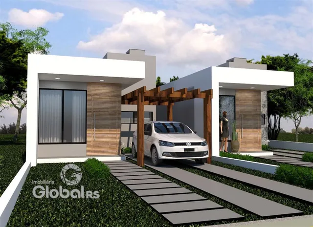 Fachada moderna de uma residência em Lajeado, Brasil, com detalhes em madeira.