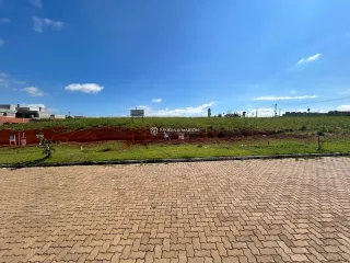 Vista externa do terreno com grama verde e pavimento de tijolos.