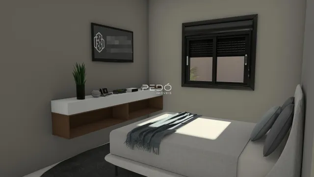 Quarto com cama e estante na parede.