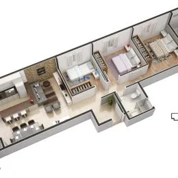 Planta baixa de um imóvel residencial mostrando a disposição dos cômodos.