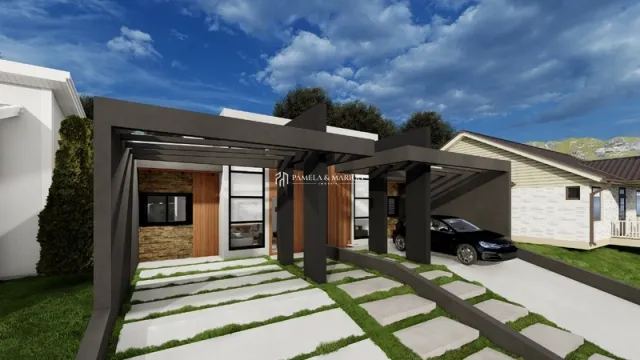 Área externa pavimentada com estrutura de cobertura em uma residência.