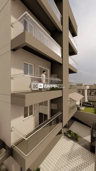 Fachada moderna de um prédio residencial com varandas e grades de vidro.