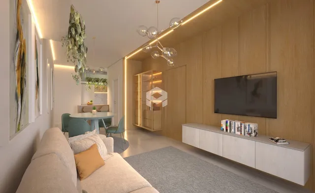 Sala de estar moderna com painéis de madeira e televisão.