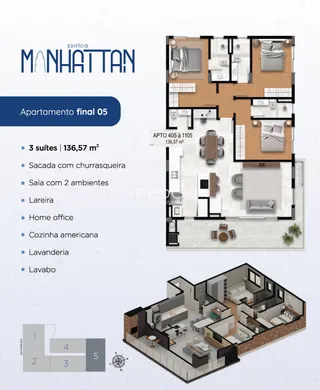 Planta baixa de um apartamento de 3 quartos em Lajeado.