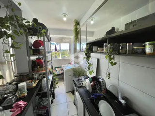 Imagem de uma cozinha com prateleiras e vista para o exterior.