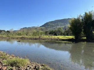 Vista de um rio com vegetação densa ao fundo em Lajeado.