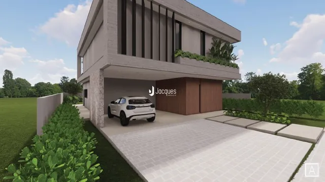 Fachada moderna de uma residência em Lajeado, Brasil, com área de garagem coberta.