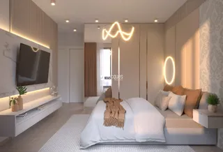 Quarto moderno com cama e sala de estar em um apartamento.