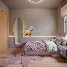 Quarto com cama e espelho decorado em um ambiente interno.