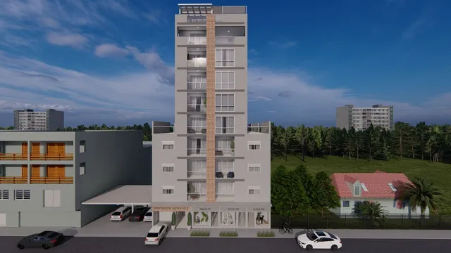 Vista externa de um prédio residencial moderno em Lajeado, Brasil.