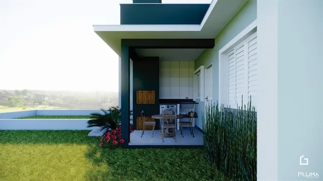 Fachada de uma casa moderna com jardim em Lajeado, Brasil.