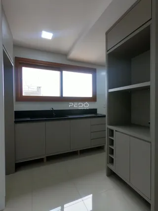 A cozinha com armários cinzas e bancada escura é visível na foto.