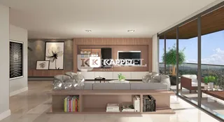 Sala de estar moderna com sofá e painel de televisão em um ambiente claro.