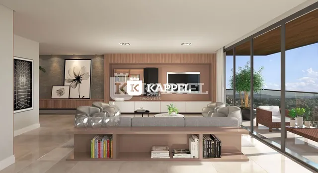 Sala de estar moderna com sofá e painel de televisão em um ambiente claro.