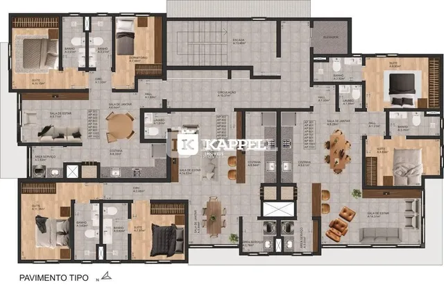 Planta baixa de um apartamento mostrando a disposição dos cômodos.