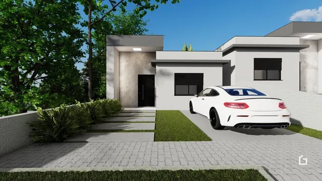Fachada de uma residência moderna com jardim e paisagismo em Lajeado.