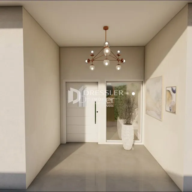 Hall de entrada com paredes brancas e piso claro.