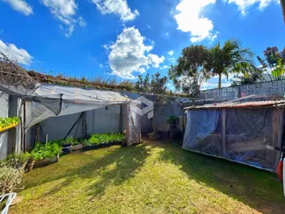 Vista externa de um quintal com gramado e vegetação sob um céu azul.