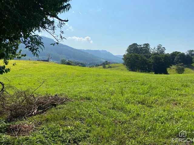 Vista panorâmica de um campo verde com colinas e vegetação ao fundo.