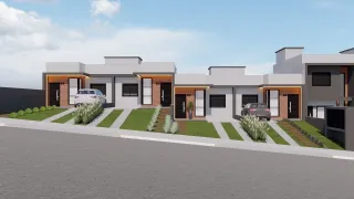 Fachada moderna de um conjunto residencial em Lajeado, Brasil, com paisagismo frontal.