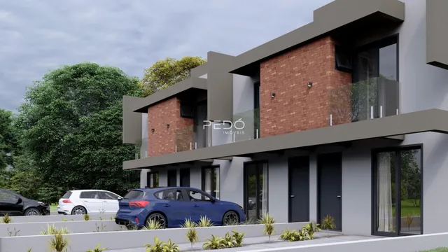 Fachada de uma residência moderna com detalhes em tijolo aparente em Lajeado.