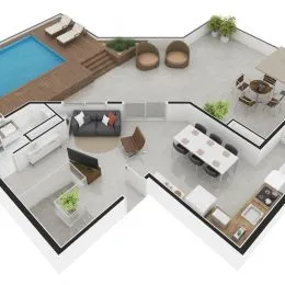 Sala de estar com piso de cerâmica e móveis.