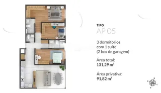 Planta baixa de um apartamento com três dormitórios e uma suíte.