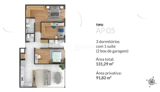 Planta baixa de um apartamento com três dormitórios e uma suíte.