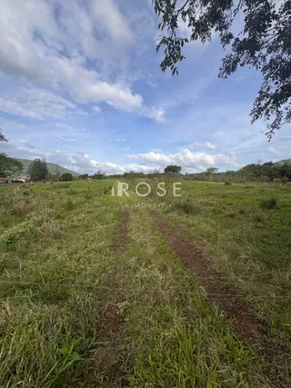 Campo gramado com trilha de terra em uma paisagem rural.